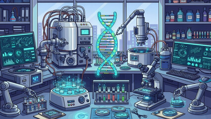 A futuristic laboratory with robotic arms, dna double helix model, and various scientific equipment