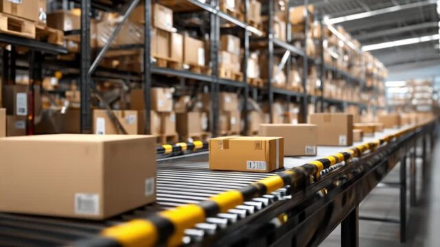 Busy warehouse with tall metal racks, a long, mechanized conveyor belt, and cardboard boxes gliding
