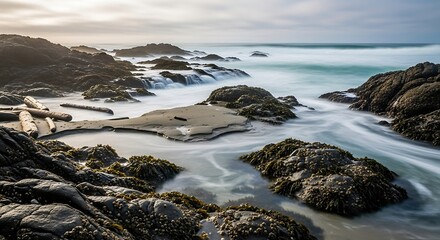 Obraz premium Serene ocean waves gently lap against rocky shore at sunrise.