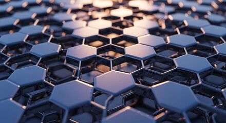 Obraz premium Abstract honeycomb pattern with hexagonal cells in metallic blue and silver