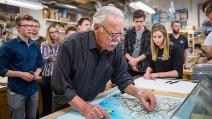 Crafting Wisdom: A seasoned artisan shares knowledge with eager students in a bustling workshop, creating a moment of educational inspiration.