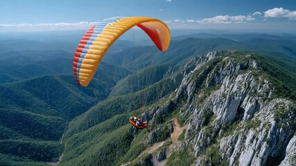 Soaring Above the Peaks: A paraglider, bathed in sunlight, navigates the winds amidst a stunning vista of rolling, verdant mountain ranges, embracing the thrill of flight.
