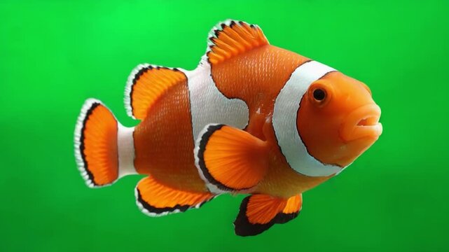 Clownfish Amidst Green: A vibrant orange and white clownfish, a symbol of the ocean's beauty, stands out boldly against a lush green backdrop, radiating tranquility and wonder.