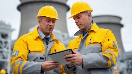 Engineers Collaboration at Facility: Two focused engineers in safety helmets and workwear, engage in collaborative discussion at an industrial facility, with industrial structure in the background. - Powered by Adobe