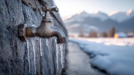 A close-up shot of a frozen faucet with icicles clinging to it, against a background of snowy mountains