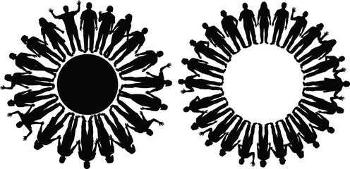 Silhouettes of diverse people standing in a large circular formation symbolizing unity and global community