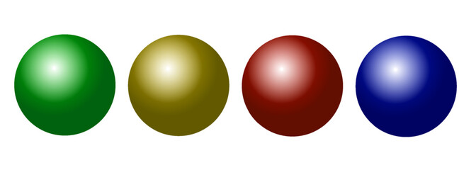 3D illustration featuring four glossy spheres in green, gold, red, and blue arranged in a horizontal line on a clean white background.