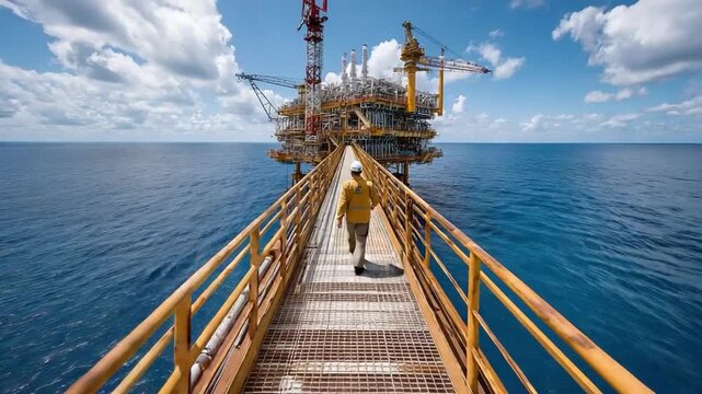 Offshore Journey: A lone figure traverses a bridge toward an impressive offshore oil rig, framed by the boundless expanse of the ocean under a dynamic cloudy sky.
