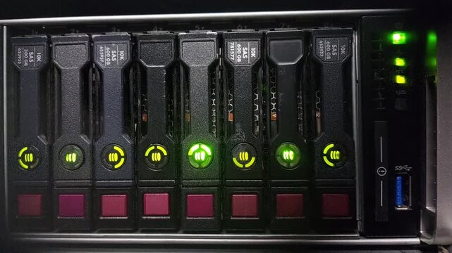 Close-up footage of green rotating LED indicator lights on server storage, signaling active operation inside a modern data center room with advanced network and digital infrastructure.