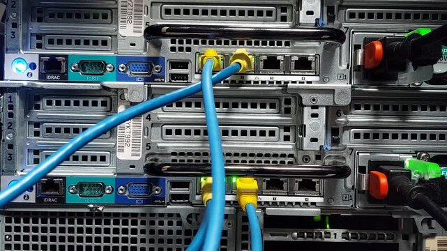 Close-up footage of green blinking Ethernet LED lights on a server, indicating active server operation and an internet-connected network inside a modern data center room.