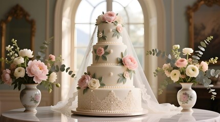 cake decorating of an elegant bridal wedding cake with floral sugarcraft details in a professional studio setting