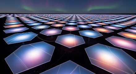 Abstract illuminated hexagons with aurora borealis sky background