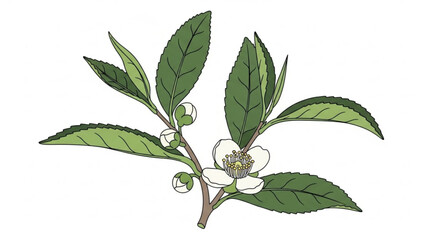A detailed illustration of a tea plant with green leaves and white flowers on a plain white background
