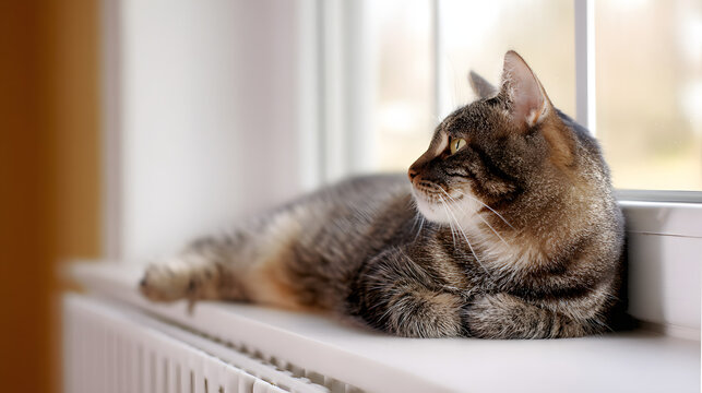 garroting. A cat lounging on a sunny windowsill, ignoring birds outside the window. wildlife magazines, conservation campaigns, designed for eco-tourism storytelling, used by PR specialists.