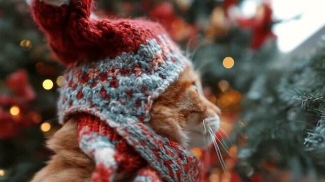 Ginger cat in red-gray knit hat and scarf gazes at twinkling holiday lights in a cozy festive scene