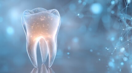 A 3D rendered, luminous molar tooth with glowing internal structures, set against a blurred network of connected dots and bokeh