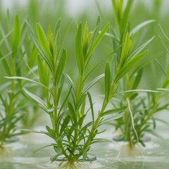 Fototapeta premium Fresh green rice seedlings thriving in a waterlogged paddy field.
