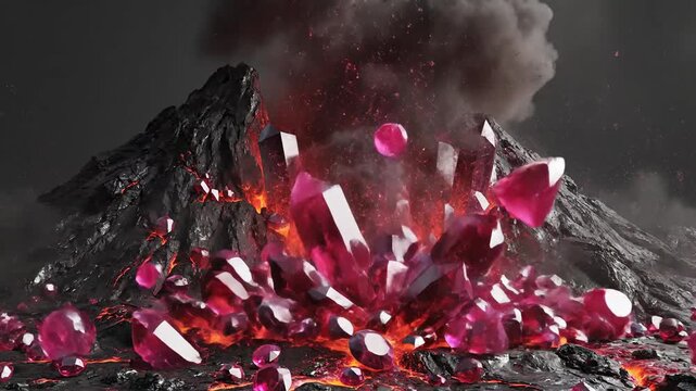 Glistening Ruby Crystals Erupting from Molten Lava and Volcanic Rock, a Dramatic Geological Spectacle.