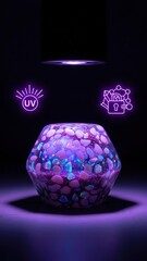 Spectacular Faceted Resin Sphere Encapsulating Opals Glowing Under UV Light with Futuristic Violet Curing Icons