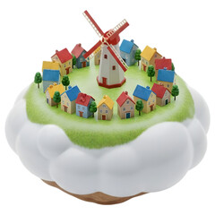 Colorful Miniature Village Island with Windmill and Tiny Houses