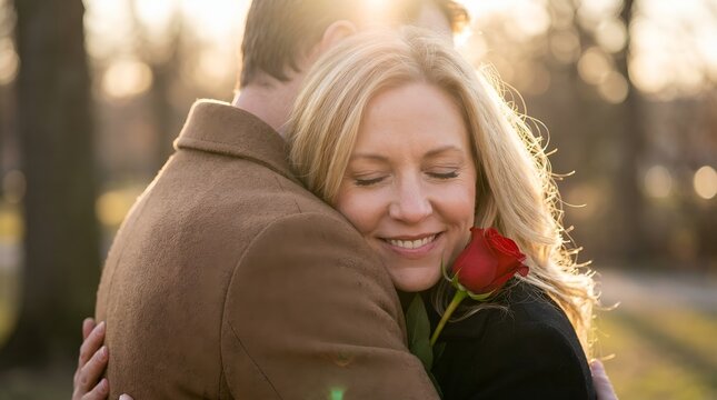 Romantic couple embracing outdoors at sunset, happy woman holding a red rose and smiling with eyes closed, love and Valentine's Day concept