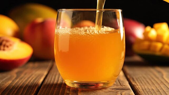 Golden fruit nectar smoothly pours into a clear glass filled with refreshing bubbles on a rustic wooden table