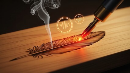 Close-Up of Woodburning Pen Creating Feather Pattern on Maple Wood with Futuristic Holographic Icons