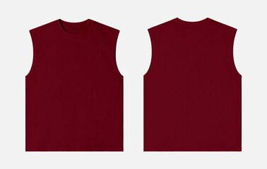 Blank Maroon Red Sleeveless T-Shirt Mockup Front and Back Views Isolated on White Background