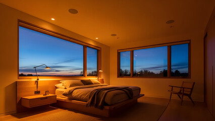 A serene bedroom scene showcasing Circadian Lighting in a Sustainable Home with a tranquil atmosphere at dusk