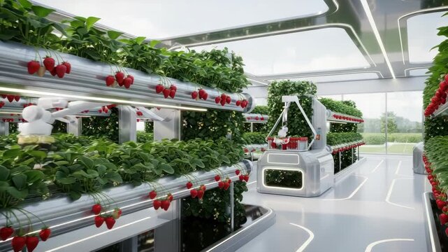 Hydroponic strawberry farming futuristic interior with robot