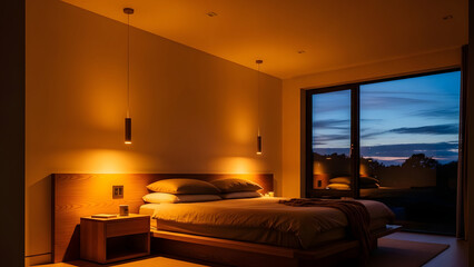 Sustainable Home with Circadian Lighting Creates a Serene Bedroom Ambiance