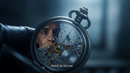 Intense gaze reflected in intricate vintage pocket watch mechanism, a symbol of time and precision.