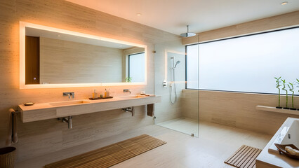 Circadian Lighting Enhances Sustainable Home Bathroom Experience with Modern Fixtures and Natural Light