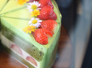 Delicious and beautifully decorated cake for sale at the cafe.