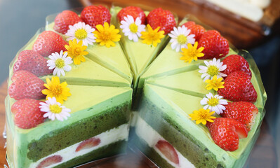 Delicious and beautifully decorated cake for sale at the cafe.