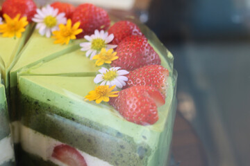 Delicious and beautifully decorated cake for sale at the cafe.