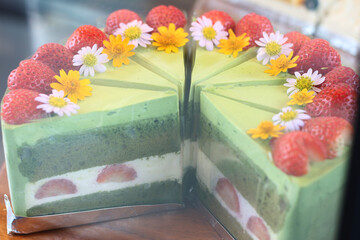 Delicious and beautifully decorated cake for sale at the cafe.