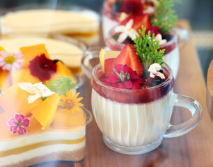 Delicious and beautifully decorated cake for sale at the cafe.