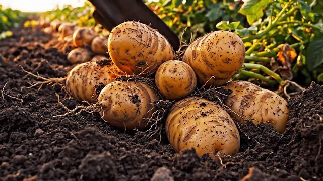 Golden potatoes emerging from freshly tilled earth during harvest, showcasing nature's bounty and the effort of farming.