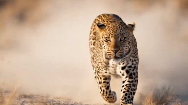 A leopard strides toward camera through dry grass in a sunlit savanna, dust rising softly Soft dust