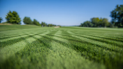 ryegrass. Manicured ryegrass on golf course green with geometric mowing patterns in daylight. gardening catalogs, home-decor guides, designed for home decor and floral branding.
