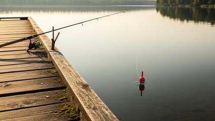 Fishing rod on a wooden dock with a bobber in the water at sunrise.