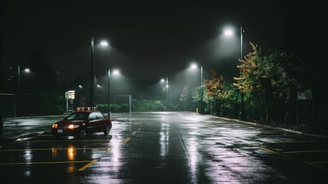Rain-soaked parking lot at night; glowing lamps, slick pavement reflects a lonely car fading   away