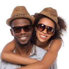 african american couple in sunglasses and straw hats