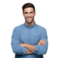 smiling young man in a blue shirt and glasses with crossed arms