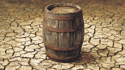 Old wooden barrel stands alone on severely dried and cracked earth