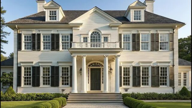 Exterior colonial home featuring symmetrical facade, classic American architecture, timeless elegance, bright daylight