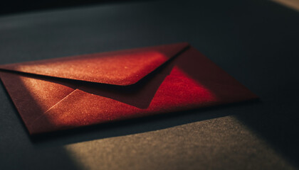 Red envelope on matte black background with subtle red light spill in minimalist premium style
