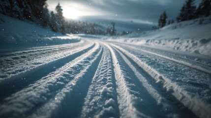 Fototapeta premium A snow-covered road curves gently into the distance, with tire tracks visible. Snowflakes fall and trees line the road. The sky glows