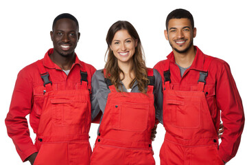 multiethnic mechanics and technicians in red overalls